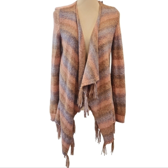 Shyanne earth tone striped fringe open cardigan asymmetric sz XS 3/$25 - Picture 1 of 9